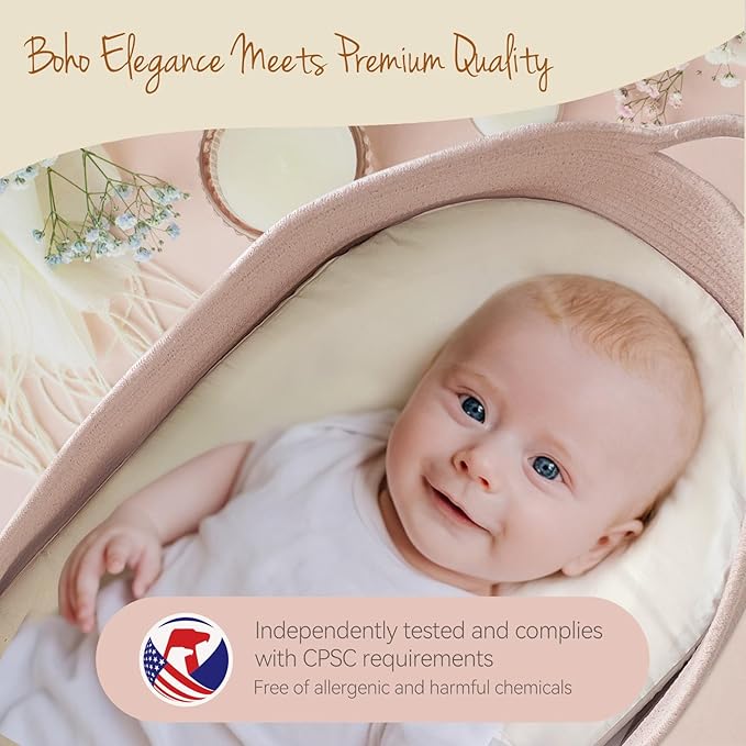 meloom Baby Changing Basket with Pads and Safety Belt- 100% Cotton Boho Baby Moses Basket Changing Table and Thick Pad with Waterproof Mattress Cover, Nursery Decor in Pink Color with Storage Bag