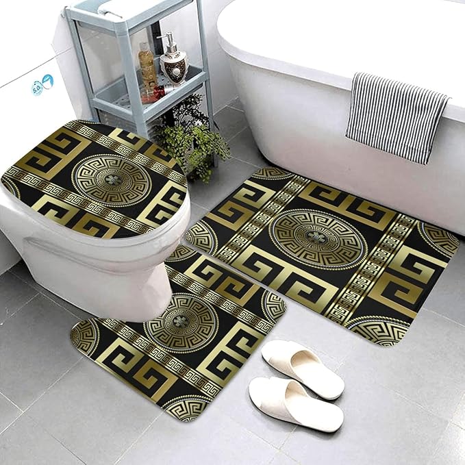 4 Pieces Bath Sets Geometric Black Gold Greek Key Meander,  Anti-Slip Bath Rug Floor Mat Home Decor Waterproof Shower Curtain Bathroom-4-Piece_Set