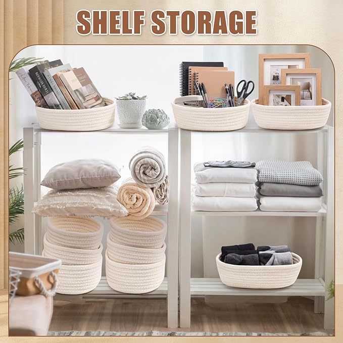 Yinkin 12 Pack Small Storage Basket Cute Natural Cotton Rope Woven Basket Tiny Boho Decorative Toy Storage Bin Gift Baskets for Home Organizing, Closet, Shelf, Nursery, Bathroom(Oval,Beige)