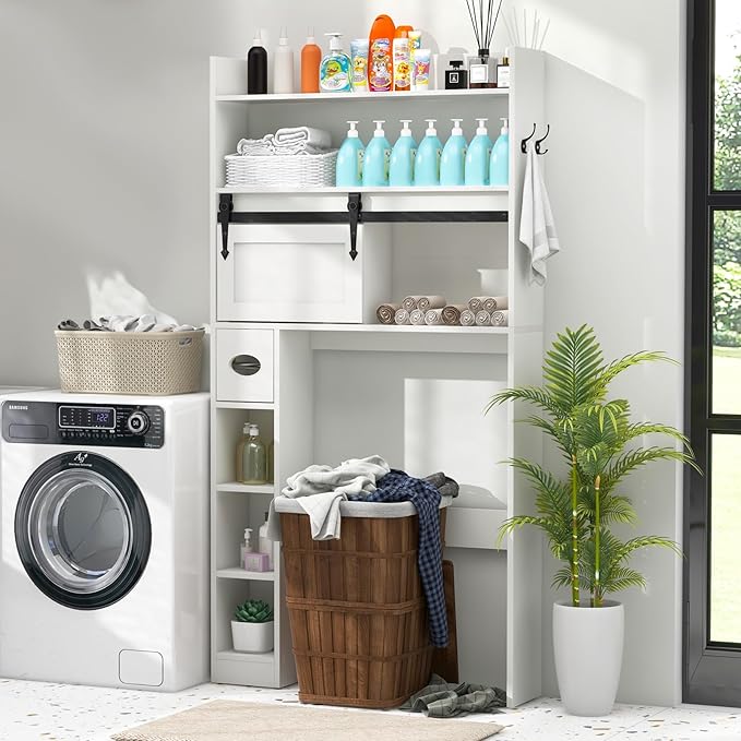 Tangkula Over The Toilet Storage Cabinet, Farmhouse Freestanding Above Toilet Rack w/Sliding Barn Door, Adjustable Shelves, Toilet Paper Holder, 2 Hooks, Bathroom Space Saver (Retro, White)
