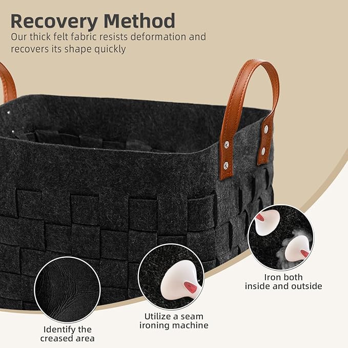 BOLDMONKEY Laundry Basket 15" x13 " x11 " 2 Pack, Large Rectangular Blanket Basket with Leather Handle, Felt Storage Basket for Living Room, Nursery, Dog Toys-Dark Gray