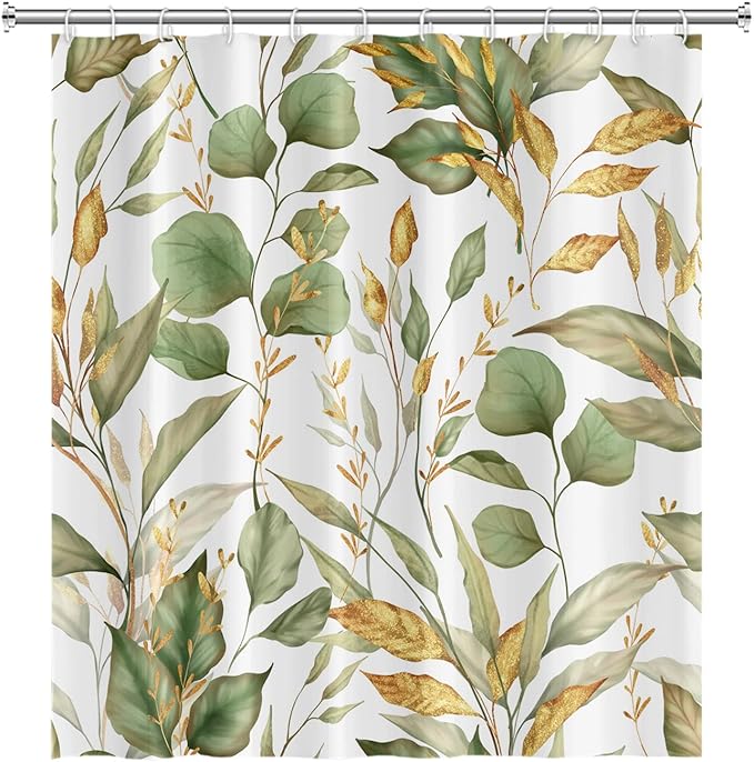 Green Eucalyptus Leaves Bathroom Shower Curtain Tropical Leaf Nature Plant Shower Curtain Polyester Waterproof Fabric Modern Home Decor Bath Shower Curtain with Hooks, 72x96 Inch