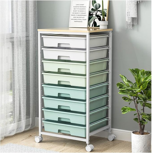 Rolling Storage Utility Cart Organizers with 8 Drawers and Wooden Tabletop for Living Room,Office,Classroom,Craft Room,Bedroom,Dorm,Green