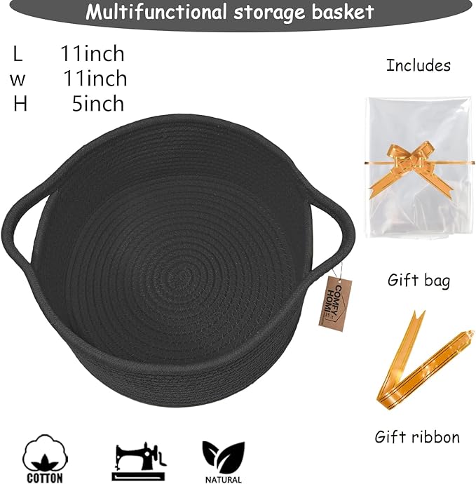 COMFY HOMI Small Woven Gift Baskets with Handles, Gift Bags and Ribbons - Cotton Rope Storage Basket for Organizing, Dog Toy Basket Box, Gift Baskets Empty, Mother’s Day-φ11X5 Inch（all black）