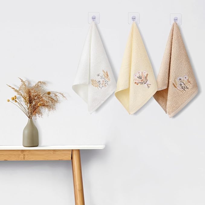 3 Pcs Boho Flowers Hand Towels Farmhouse Floral Brown Wildflowers Bathroom Decor 14x29 Inch Embroidered Boho 100% Cotton Soft Decorative Hand Towels for Bathroom Kitchen
