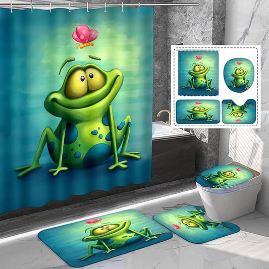 4 Pieces Cute Frog and Lotus Flower Shower Curtain Set Bathroom Mats Set, Non-Slip Rug Carpet Toilet Cover Shower Curtain
