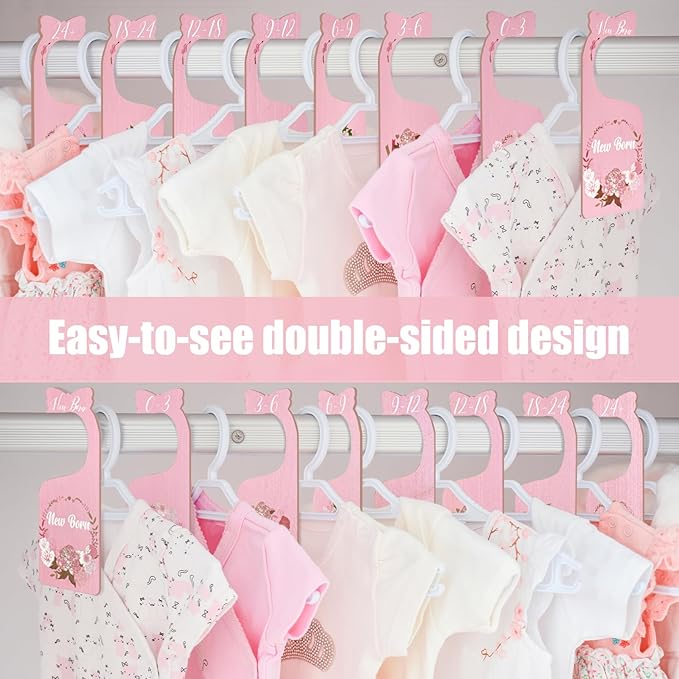 Baby Closet Dividers for Clothes Organizer, 8 Pack Pink Flowers Wooden Double-Sided Baby Clothes Size Hanger Organizer from Newborn to 24 Months for Daycare Wardrobe, Boho Nursery Decor