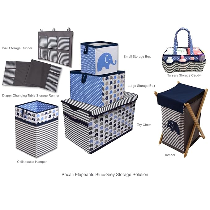 Bacati Elephants Nursery Fabric Storage Caddy with Handles, Blue/Navy/Grey