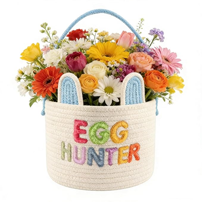 Easter Basket, Soft & Durable Easter Bunny Basket with 10 Pack Eggs, Woven Cotton Rope Egg Baskets