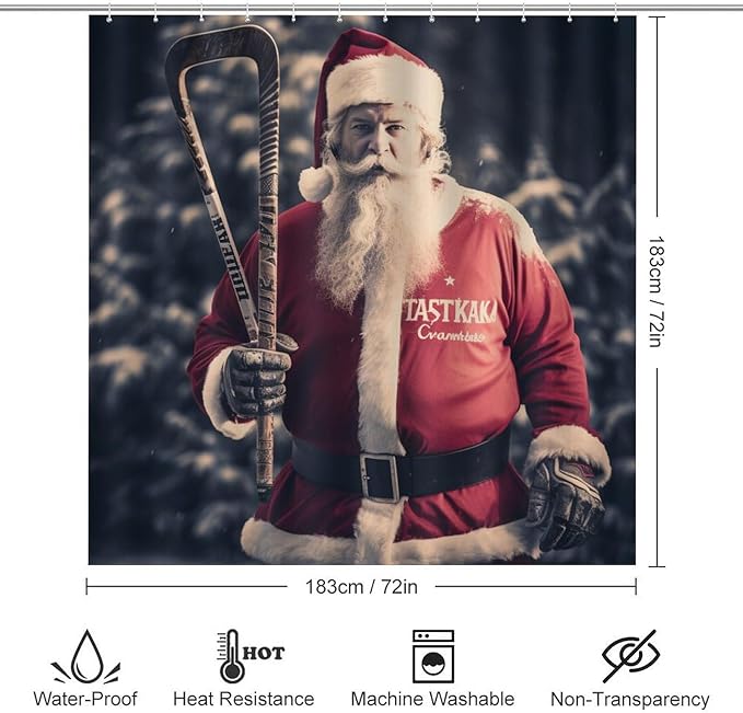 4 Pcs Shower Curtain Sets with Rugs Include Waterproof Shower Curtain Non-Slip Rug Toilet Lid Cover Bath Mat Santa Claus Playing Hockey Ice Skate Sport Waterproof Shower Curtain Sports Fan