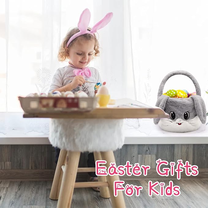 Easter Basket for Kids, Gray, Plush, Round, Cute Modern Rabbit-Shaped with Handle, Perfect for Easter Egg Hunting, Storage, and Decoration