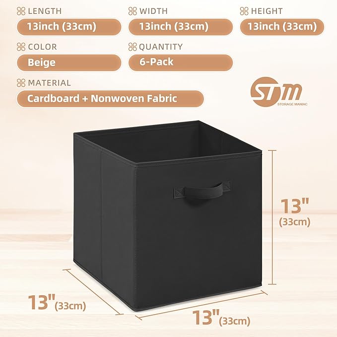 STORAGE MANIAC Storage Cubes, 13 Inch Collapsible Storage Bins with Handles, 6 Pack Fabric Foldable Bins for Organization, Durable Storage Bins for Closet, Shelves, Offices, Toys, 6-Pack Black
