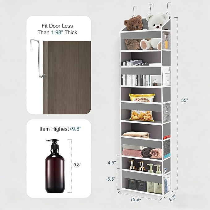 Over The Door Organizer Closet,5 Bins 10 Side Pockets,Hanging Organizer,Anti Tilt 44 lbs Load Organizers and Storage with Clear Window for Bedroom,Nursery,Rv,Bathroom,Camper(Light Grey)