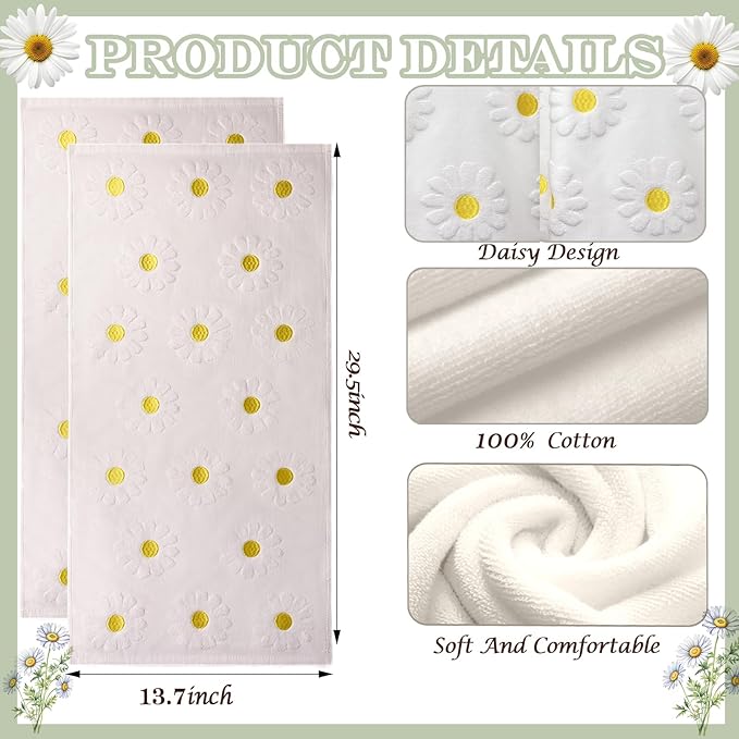 2pcs Daisy Hand Towels for Bathroom Decorative Towels Set 100% Cotton White Jacquard Spring Summer Floral Bath Towels Dish Kitchen Towels Kitchen Bathroom Decor Gift(Daisy White)