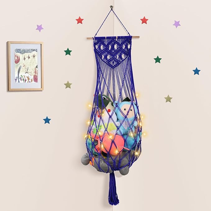 Stuffed Animal Hammock w/LED Star Light, 63 Inch Jumbo Toy Hammock Wall Hanging Plushie Net Holder for Boho Nursery Teddy Decor, Navy Blue Stuffed Animal Storage Organizer for Kid Girls Boys Gift