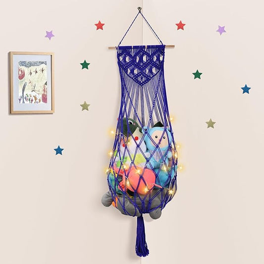 Stuffed Animal Hammock w/LED Star Light, 63 Inch Jumbo Toy Hammock Wall Hanging Plushie Net Holder for Boho Nursery Teddy Decor, Navy Blue Stuffed Animal Storage Organizer for Kid Girls Boys Gift