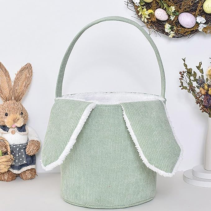 Easter Bunny Basket, Cute Easter Bucket Bags with Rabbit Ears for Easter Eggs Hunting, Plush Easter Bunny Basket, Easter Tote Bags for Candy Storage Decorations (Green)
