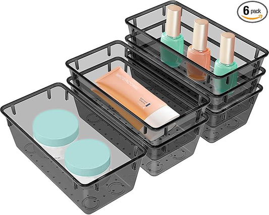 WOWBOX 6 PCS Clear Plastic Drawer Organizer Set, Desk Drawer Divider Organizers and Storage Bins for Makeup, Jewelry, Gadgets for Kitchen, Bedroom, Bathroom, Office, Black