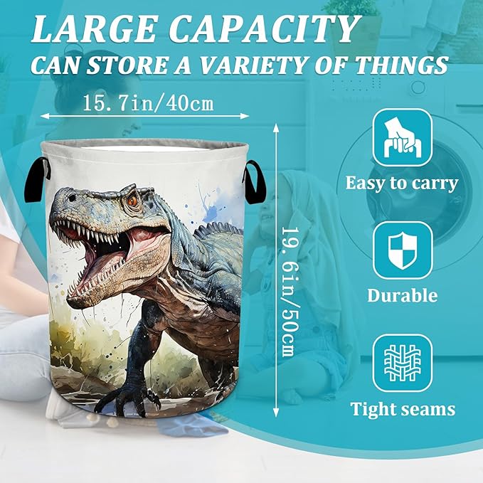Dinosaur Laundry Basket, Foldable Waterproof Oxford Cloth Laundry Hamper Funny Tote Bag Dirty Clothes Storage Bucket Toy Organizer for Bathroom/Laundry/Bedroom 15.7"x19.6"