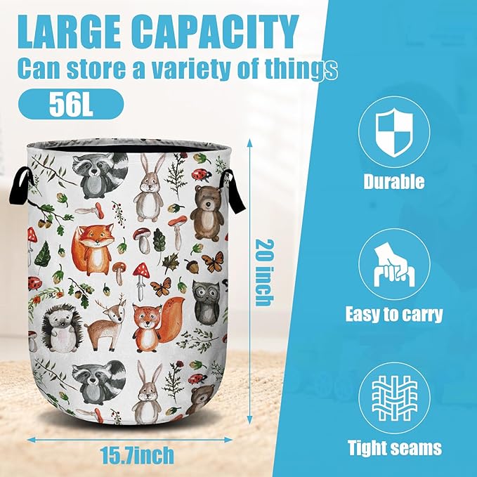 Cute Woodland Animal Laundry Basket, Laundry Hamper Collapsible Oxford Cloth with Handle Clothes Toy Storage Bin for Bathroom Laundry Room Bedroom 15.7 X 20 Inch