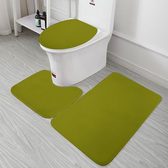 3 Pieces Bath Rug Sets, Olive Green Color Bathroom Mat Set Non Slip U Shaped Contour Rug & Toilet Lid Cover