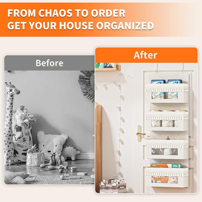 Aokeyee 4 Tier Over The Door Organizer Storage Nursery, Boho Door Organizer Hanging with Tassels and Clear Window, 55lb Behind The Door Storage for Baby Nursery, Bedroom, Bathroom, Laundry, Pantry