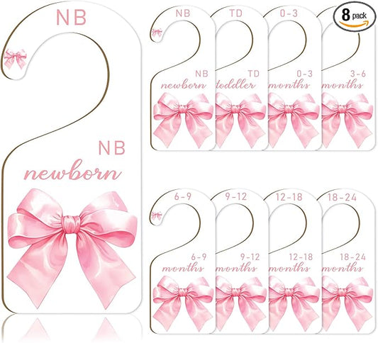8Pcs Pink Bow Baby Closet Dividers Watercolor Bowknot Hanging Paper Closet Organizer Thicken Baby Wardrobe Organizer for Home Nursery Baby Shower