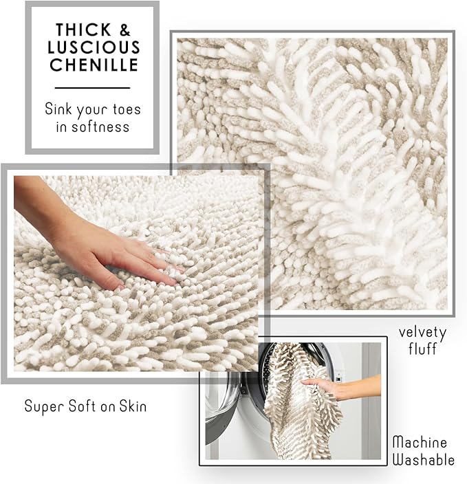 Hearth & Harbor Bathroom Rugs, Chenille Bath Mat - Machine Washable Bath Mats for Bathroom Non-Slip Backing Rubber, Quick Dry Bathroom Mat, 20 x 32 - Ombre Beige