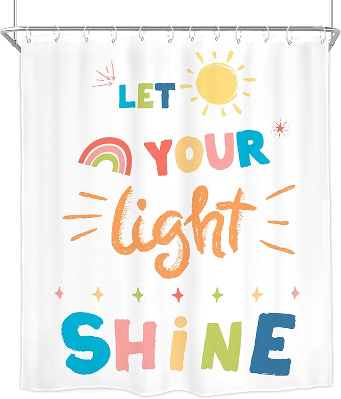 Homewelle Kids Inspirational Quotes Shower Curtain Colorful Let You Light Shine Motivational Positive Cartoon Cute Rainbow Sun 60Wx72H Inch for Teens Girls Waterproof Polyester Fabric Bathroom Bathtub