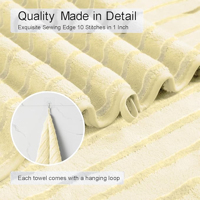8 Pcs Light Yellow Cabana Stripe Bath Towel Set Oversize Bath Sheet-2 Bathroom Towels,2 Hand Towels,4 Washcloths Soft Jumbo Towels Absorbent Shower Towel Quick Dry Beach Chair Towel for Spa Gym Hotel