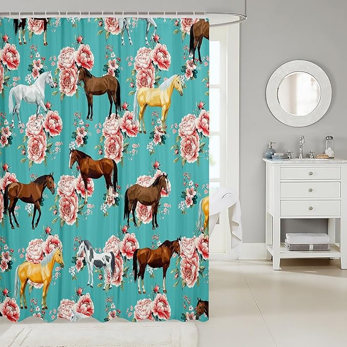 Horse Shower Curtain, Retro Floral Horse Bath Curtain For Girls Kids Boys, Galloping Horse Farm Animal Horse Gifts Curtain For Women Men, Cowboy Cowgirls Shower Curtain, Green Teal 72" W x 84" L