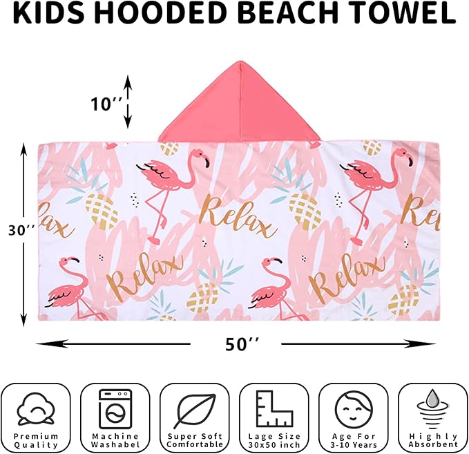 Hooded Beach Towel, Microfiber Hooded Beach Towel For Kids Toddler Infant Boy Girl, Beach Towel with Hood For Bath Pool Swim Summer Beach Essentials Cartoon Shower Gifts (24x50 Inch, Flamingo )