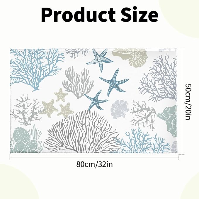 32x20in Coastal Bathroom Rug- Summer Ocean Coral Starfish Seashell Bath Mats- Blue Sea Nautical Non-Slip Seasonal Soft Velvet Bath Rugs for Shower Room Bathtub Sink Bedside Decor