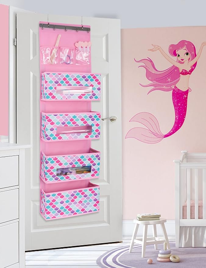 WERNNSAI Mermaid Door Hanging Organizer - Over The Door Storage with 4 Large and 3 PVC Pockets Baby Storage Toys Towels Sundries for Kids Girls Room Nursery Bedroom
