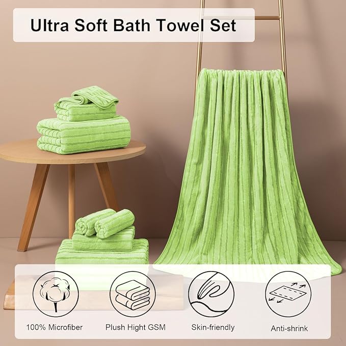 4 Pcs Grass Green Cabana Stripe Large Bath Towels 35"x70" Oversized Bath Sheet Soft Breathable Jumbo Bathroom Towels Highly Absorbent Shower Towel Quick Dry Beach Chair Towel Spa Gym Hotel Towel Set