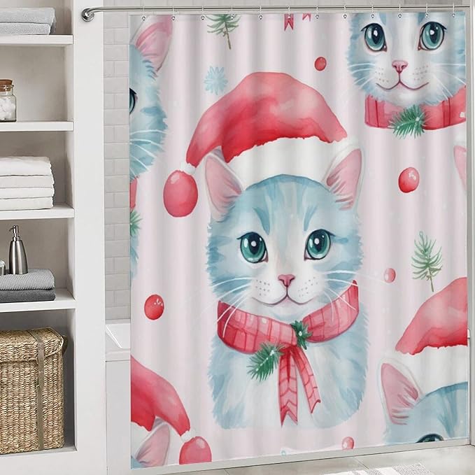 4 Piece Decor Shower Curtains Sets with Rugs Toilet Lid Cover And Bath Mat Christmas Cat Waterproof Shower Curtain Cat Lady Pet Lover for Bathroom Decor Set Merry Christmas Shower Curtain Set