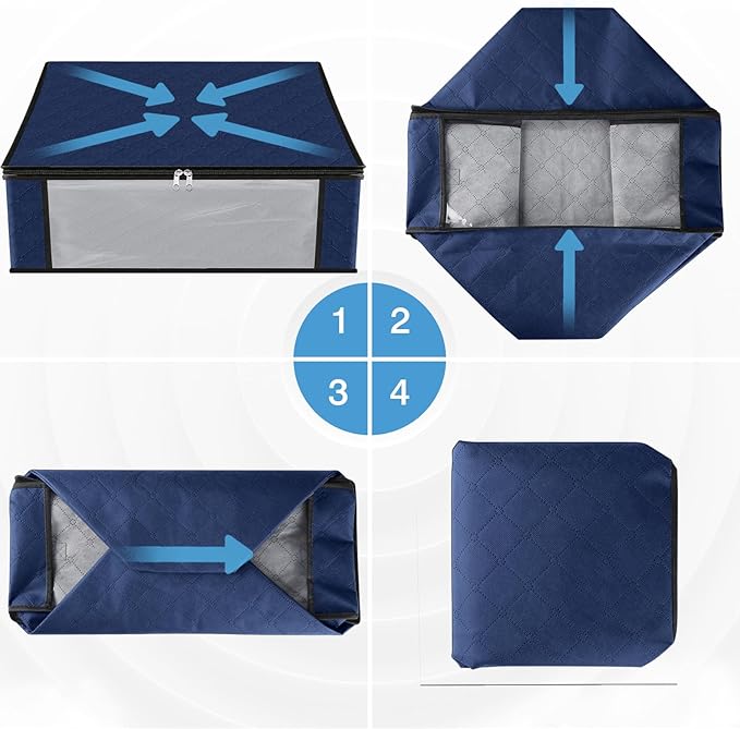 HomeHacks Storage 3-Pack Clothes Organizer Storage Bags Foldable Storage Box with Large Clear Window Sturdy Handles for Closet, Dorm, Pillows, Bedding, Clothes, Blankets, 35L, Blue