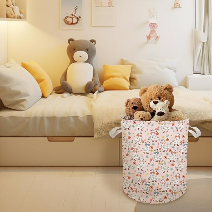 Pink Floral Goose Nursery Laundry Basket, Coquette Bow Cute Goose Laundry Basket Hamper Waterproof Collapsible Clothes Toys Storage Bin for Bedroom Bathroom Kids Room, Toybox for Girls