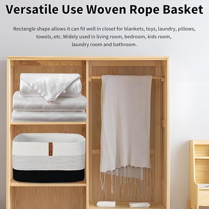 Large Blanket Basket - 22"x17"x12" Rectangular Woven Storage Basket with Handles for Nursery, Living Room, and Toys - 100% Cotton Rope, Safe for Kids and Pets(Black)