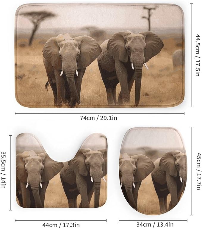 4 Piece Bathroom Rug Set with Shower Curtain, Non-Slip Bath Mat Toilet Cover Set, Wild Animals Elephants Bathroom Rug Sets