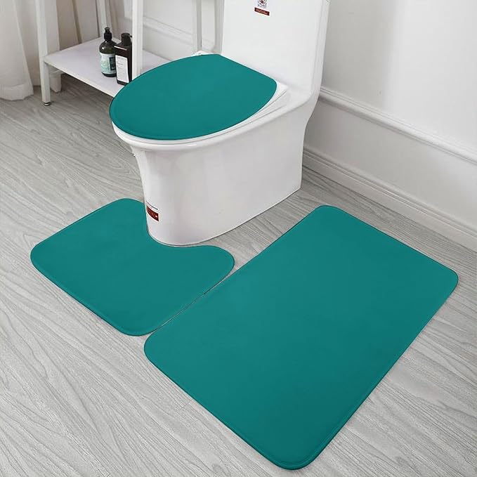 3 Pieces Bath Rug Sets, Teal Blue Trend Color Bathroom Mat Set Non Slip U Shaped Contour Rug & Toilet Lid Cover