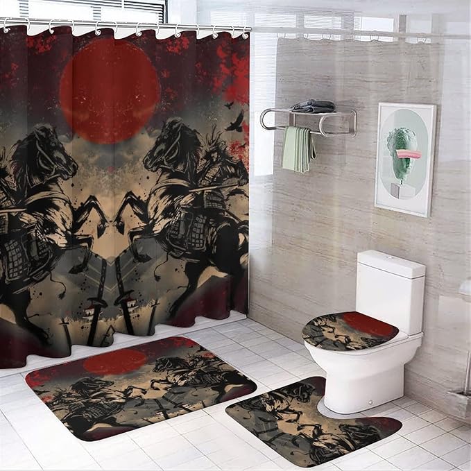 Abstract Japanese Samurai Shower Curtain Sets with Rugs 4 Piece Accessories Bathroom Curtains Shower Set Include Shower Curtain Non-Slip Rug Toilet Lid Cover Bath Mat One Size