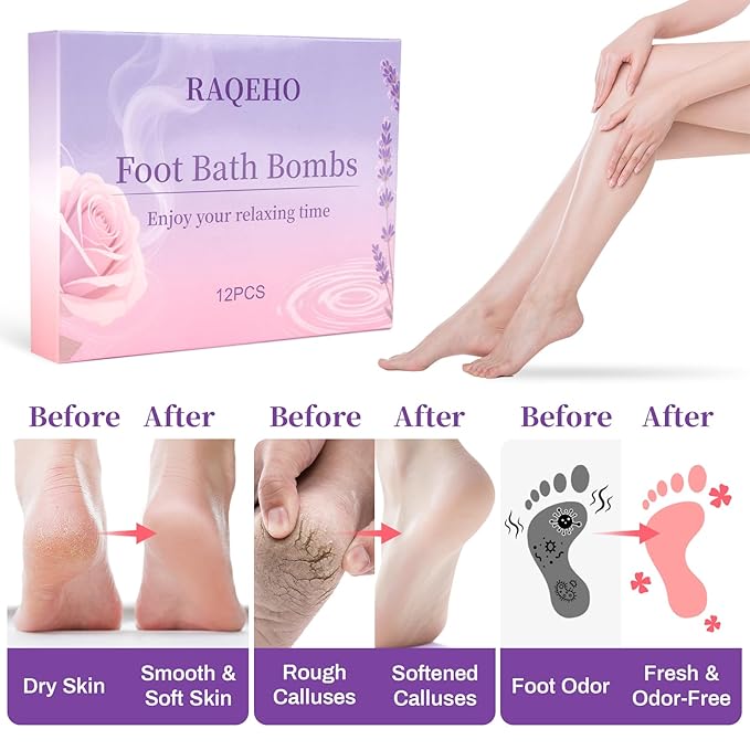 12PCS Foot Bath Bombs - Rose Lavender Aromatherapy Foot Bath Soak Individually Wrapped with Sea Salt for Dry Cracked Feet Softener Exfoliator Odor Home Spa Essentials Pedicure Supplies