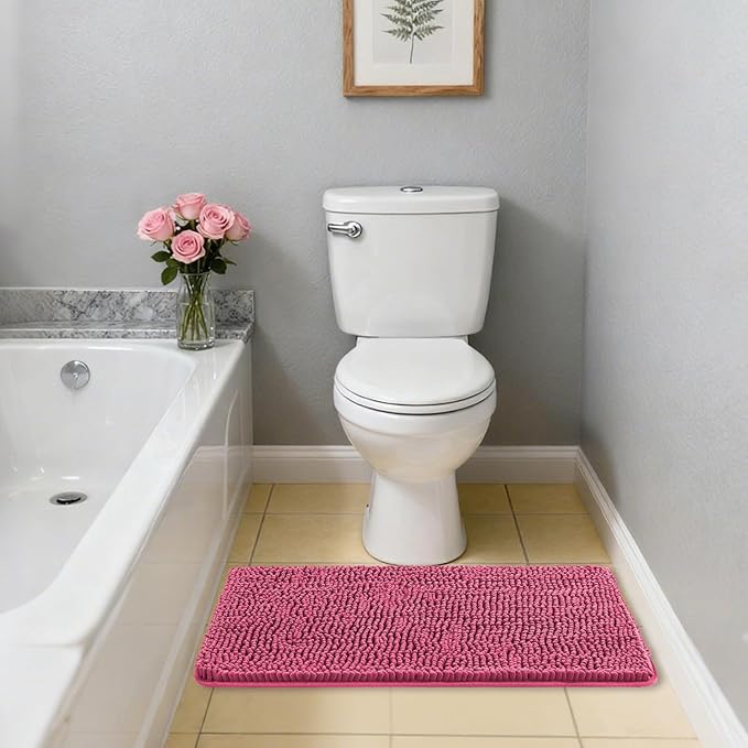 Hot Pink Bathroom Rugs 20"x32" - Thick Plush Chenille Non-Slip Bath Mat - Absorbent, Washable, Soft Decor for Sink, Shower, Tub, Kitchen, Home Accessories