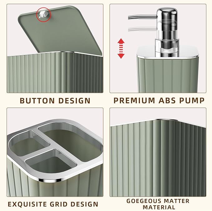 26PC Bathroom Accessories Set - Gorgeous Bathroom Set, Sage Green Bathroom Accessory Set, Shower Curtain Set with Bathtub Mats for Shower Tub, Trash Can & Soap Dispenser