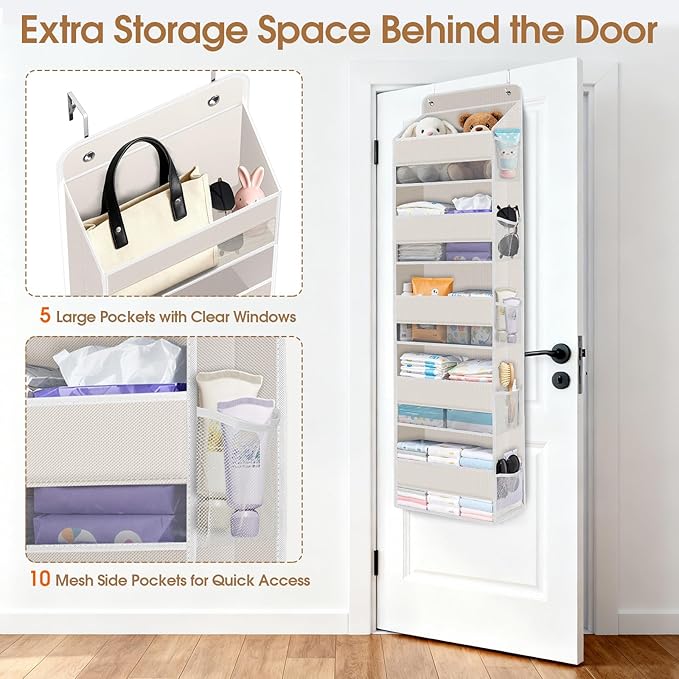 WISELIFE Over The Door Organizer Storage with 5 Large Pockets Door Hanging Organizer with Clear Windows behind The Door Storage for Nursery Bedroom Bathroom Pantry Closet and Baby Essentials Beige