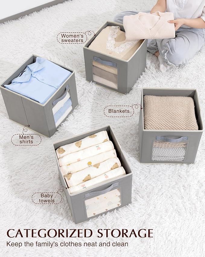 Storage Cube 11 Inch - Cube Storage Bins with Window, Closet Storage Baskets with Handle, Fabric Bins for Closet, Shelves, Toys, Clothes, Set of 6, Grey