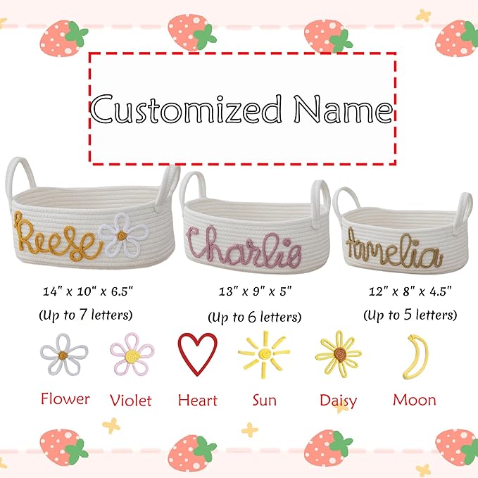 Personalized Baby Name Basket with Handles,Custom Diaper Caddy Cotton Rope Basket,Baby Stuff Organizer Storage Bin for Nursery Toy Room Bedroom Bathroom (M)