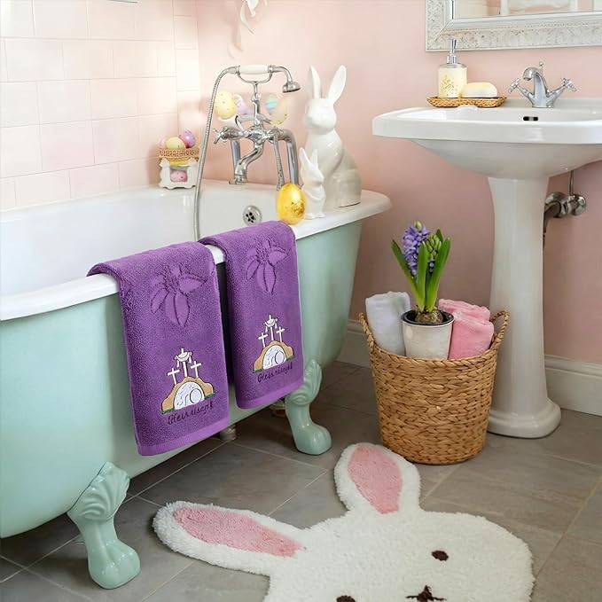 2 Pcs Easter Hand Towels for Bathroom He is Risen Easter Christian Bath Towels Purple 100% Cotton Jacquard Embroidered Decorative Religious Gift Set Kitchen Decor Home Accessories