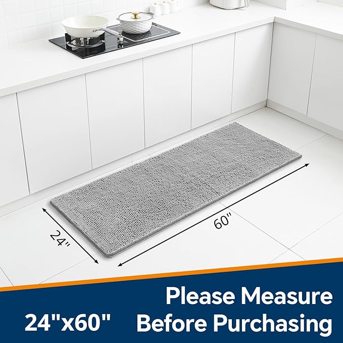 Gray Bathroom Rugs 24"x60" - Long Plush Chenille Non-Slip Runner Bath Mat - Absorbent, Washable, Soft Decor for Shower, Sink, Tub, Floor, Home Accessories